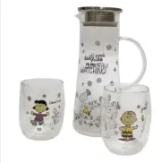 Peanuts Snoopy Clear Glass Pitcher w/2 Stemless Cups Hot Or Cold Drinks NIB