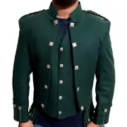 New Men's Scottish Argyle Jacket & Vest Set Green Kilt Outfit Wool Highland Wear
