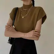 Short-Sleeve Semi Turtleneck Plain Ribbed Knit Top Coffee - One SIze