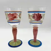 NEW Vintage 2000 Hand Painted Floral Tara Dahlia Goblets Wine Glasses Set of 2