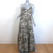 Cynthia Rowley Tie-Shoulder Zebra Print Maxi Dress Cream & Brown Silk Size 8 NEW