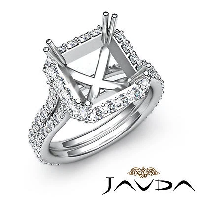 Diamond Engagement Halo Pave Ring Asscher Shape Semi Mount 1.35Ct Platinum 950