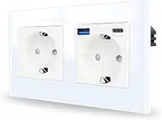 JIMEIDA Double Socket with USB 20 W White Flush-Mounted, 16 Amp Glass Sockets with USB A and Type C 157 x 86 mm, 250 V