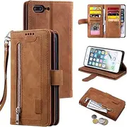 UEEBAI Wallet Case for iPhone 7 Plus iPhone 8 Plus, Retro 9 Card Slots Zipper Pocket Handbag Case PU Leather Magnetic Closure Kickstand with Wrist Strap TPU Flip Case - Brown