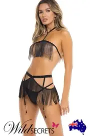 NEW Rene Rofe Rassel Tassel 3 Piece Open Cup Bra Set, Womens Sexy Lingerie