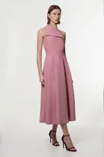 Compact Stretch Halter Neck Belted Full Skirted Midaxi Dress