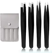 Tweezers Set, Stainless Steel Eyebrow Tweezers with Bags, Lash Eyelash Extension Tweezers, Hair Removal for Eyebrows and Face (Grey-4pcs)