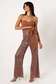 [PUP81] Jacquelin Bow Waist Sequin Jumpsuit - Tan S tan