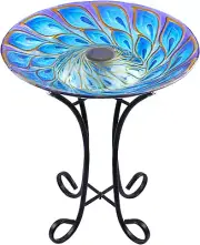 Outdoor Glass Bird Bath Solar Birdbaths with Metal Stand for Lawn Yard Garden Pe