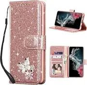 [UEEBAI] Wallet Case for Samsung Galaxy A15 4G/5G, Glitter PU Leather Phone Cover Card Slots Kickstand Wallet Magnetic Closure Bling Flip Case Shockproof Hand Strap Flip Cover - Rose Gold