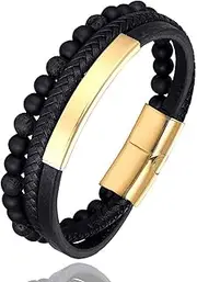 [N\C] Fashion Male Jewelry Braided Leather Bracelet Tigeree Beads Bracelet Black Stainless Steel Magnetic Clasps Men Wrist S