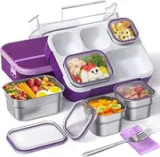 Lunch Boxes Stainless Steel Bento Box with Insulated Lunch Bag & Fork, Leakproof Metal Lunchbox Set for Adults Kids Bento-Style 5 Compartments Snack Containers, BPA-Free, Dishwasher Safe (Purple)