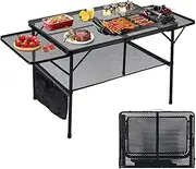 FORYUSE Folding Camping Table 90x60cm with Extension Board Portable Lightweight Height Adjustable Metal Mesh Desktop Bag Side-Pocket for Outdoor Picnic Grill BBQ Beach