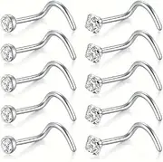 [Generic] 10 x Surgical Steel Set Gem Cubic Zirconia Gem Nose Stud Screw Ring Piercing Body Jewellery, One Size, Metal, 0