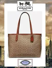 NWT COACH Signature CENTRAL TOTE Top Zip BAG In TAN RUST SIG CC Leather BRASS