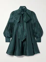 [Zimmermann] Zimmermann - Pavillion Tie-neck Pleated Linen And Silk-blend Organza Mini Dress - Green - 00 00 Green