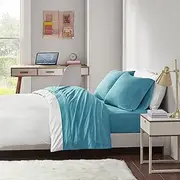 Cotton Blend Jersey Knit Queen Bed Sheets, Coastal Cotton Bed Sheet, Teal Bed Sheet Set 4-Piece Include Flat Sheet, Fitted Sheet & 2 Pillowcases