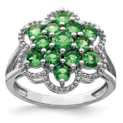 Sterling Silver Rhodium Plated Tsavorite Garnet Flower Ring