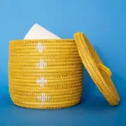 Decorative Wicker Storage, Shelf Basket, African Woven, Flat Lid, Yellow, Small