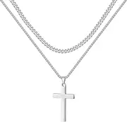 [FASHGOOD] Cross Necklace for Men：18K Gold Plated Double Layered Necklace Stainless Steel Mens Cross Necklaces Chain Gold Silver,7MM Cuban Chain for Men 16/18/20/22/24 Inch