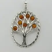 Brown / Cognac BALTIC AMBER Oval Tree of Life Pendant STERLING SILVER #2083