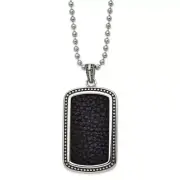 Stainless Steel Antiqued & Polished Blk Leather Inlay DogTag 22in Necklace