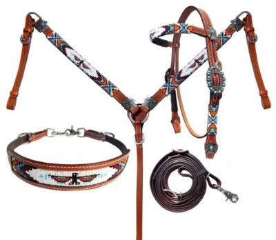 Showman Beaded Thunderbird 4 Piece Headstall Breastcollar, wither strap.Reins