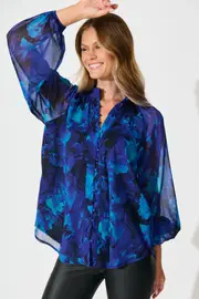 Women's Party Melina Top Full Length Sleeve in Blue Watercolour Chiffon 8