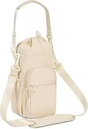 Water Bottle Carrier Bag 32oz 40oz Insulated Water Bottle Pouch Holder with Adjustable Shoulder Strap 2 Pocket Water Bottle Sling Sleeve Bag for Walking Hiking, Beige, Beige, Modern