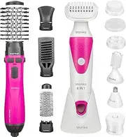 Monika 4-In-1 Air Styler & 6in1 Cordless Lady Shaver, Ionic Conditioning for Salon Hair Styling Curling and Smoothing, Wet and Dry Epilator, Electric Trimmer for Woman Face/Nose/Leg/Body