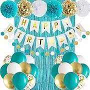 ANSOMO Teal and Gold Happy Birthday Party Decorations Banner Turquoise Foil Fringe Curtain Tisse Pom Poms Balloons