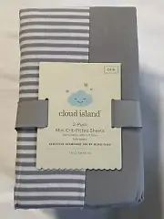 Cloud Island 2-pack Mini Crib Fitted Sheets gray white cotton *FOR MINI CRIB*