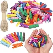 Swpeet 101Pcs 1" Mixed Color Mini Natural Wooden Clothes Pins Paper Peg Clips Kit Including 100Pcs Strong Springs Clothespins 1Pc 32 Feet Jute Twine for Classroom Photos Crafts Decorative Tiny Cards