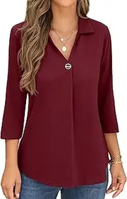 QIXING Bluse Damen Sommer Casual Tunika 2024 V-Ausschnitt Langbluse Damen Knopfleiste Elegante T Shirt
