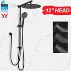 Round 12'' Rain Shower Head Set Handheld Wall Arm Sliding Rail Elbow DIY Black