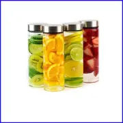 Borosilicate Glass Juice Bottles with Stainless Steel Lids - 4 Pack, 16oz