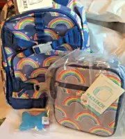 School Pottery barn Disney BACKPACK Rainbow +LUNCH BOX party travel bag set o