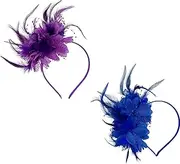 [LilaLemon] 2Pcs Ladies Fascinator Wedding Hat,Headdress Feather Mesh Hair Accessories Women, Retro Faux Flowers Head Flowers Girls,Flower Mesh Ribbons Feathers On A Headband Wedding Prom Purple Blue