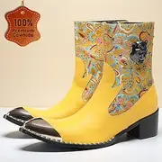 Men's Yellow Retro Biker Boots with Paisley Print – Premium Cowhide Leather Walking Boots for Fashionable Outdoor Adventures
