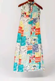 Tommy Bahama Maxi Dress Tiki Hawaii Hibiscus Patchwork Halter Cruise Beach xxs