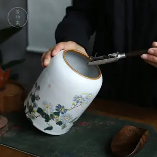 景德鎮中式黑檀木蓋茶葉罐家用密封陶瓷儲物罐手繪柿子復古儲茶倉