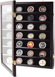 Challenge Coin Display Case High Gloss Timber Veneer Wall Mountable 49-Coin Cabinet Velvet-Backed Levels Gold-Plated Fittings Shatter-Safe Hinged Perspex Window 390mm x 460mm x 55mm