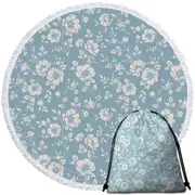 Classic Vintage Off White Floral over Blue Round Beach Towel