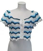 ZARA Cream Blue Green Chevron Knit Crochet Crop Top Womens S NWT Boho Coastal