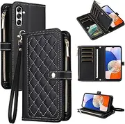 [Dswteny] Wallet Case for Samsung Galaxy S24/S25 5G with Wrist Strap Flip Zipper Credit Card Holder Soft Stand Accessories Argyle Pattern Phone Cover for S 24 24S 25 25S G5 SM-S931U Women Girls Black
