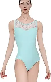 [Wearmoi] Wear Moi LEO058PACS Women's Ballet Camisole Leotard, Double Strap, Floral Pattern, Stretch Tulle (S Size) Pacific Blue