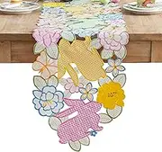 Joyfol Day Easter Checkered Bunny Table Runner, Cutwork Embroidered Plaid Rabbits Florals Table Runners, Spring Flowers Butterfly Dresser Scarf for Easter Dining Home Table Decorations (14 ×86 inch)