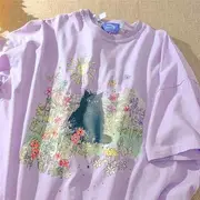 Short Sleeve Cat Print Loose-Fit Tee Purple - M