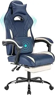 segedom Gaming Chair with Footrest High Back Game Chair Ergonomic Office Chair with Adjustable Headrest Lumbar Pillow Linkage Armrests High Back PVC Leather Computer Video Recliner Chair(Blue)