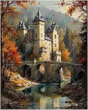 Fairy Tale Castle Paint by Numbers Kit for Adults – DIY Forest Bridge Castle in Autumn Painting on Canvas 16x20In, Acrylic Paint Set, Suitable for Beginners, Art for Home Decoration or Gifts